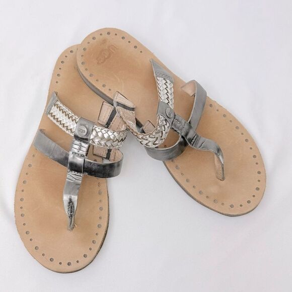 UGG Audra Metallic Silver Braid Leather Double Strap Thong Slide Boho Sandals - Picture 4 of 16